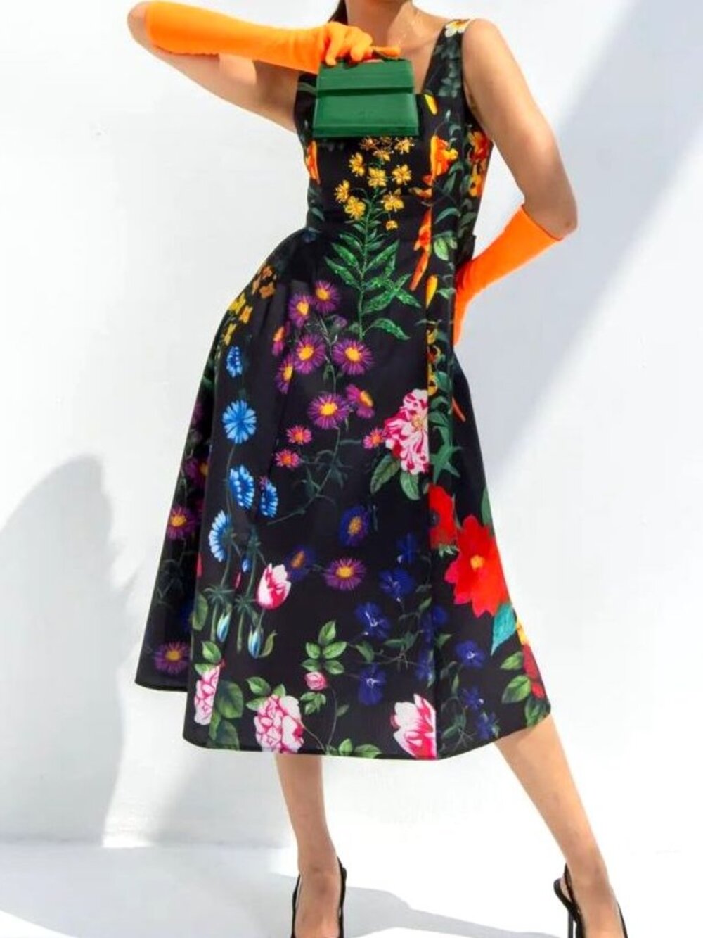 Mew Mews Black Floral Beaded Midi Dress Small 0 2 4 Fit Flare A Line Garden